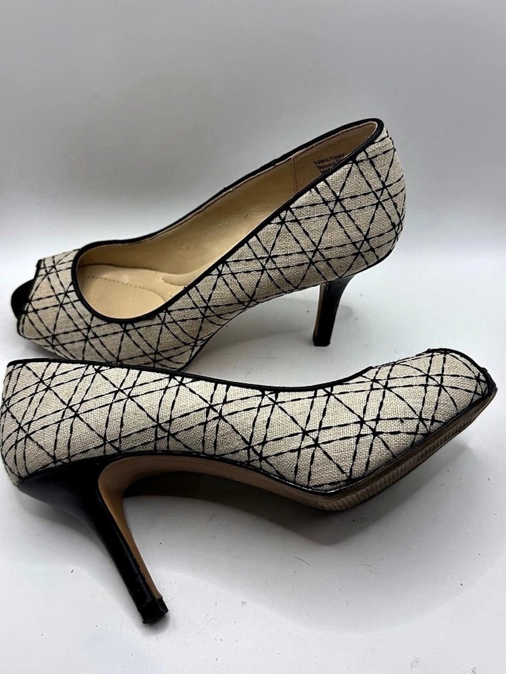 Coach and Four Geometric Canvas Peep Toe Heels in Beige & Black